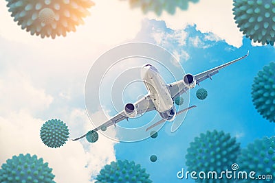 Open flights between countries, the abolition of the quarantine of the pandemic world planet. Plane flies in the sunny sky Stock Photo