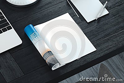 Open magazine with blank pages on gray table. Empty space. 3d rendering. Stock Photo