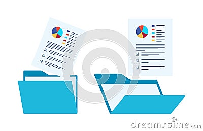 Open folder and documents, statistical data with charts, diagrams. Workplace documents for financial statistics, reporting, Vector Illustration