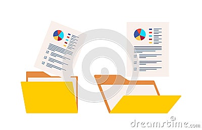Open folder and documents, statistical data with charts, diagrams. Workplace documents for financial statistics, reporting, Stock Photo