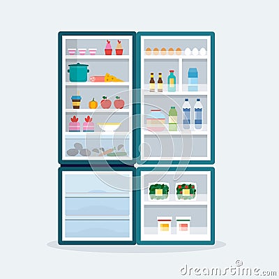 Open fridge with food Vector Illustration