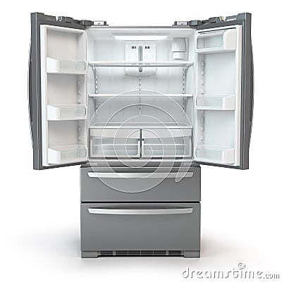 Open fridge freezer. Side by side stainless steel srefrigerator Cartoon Illustration