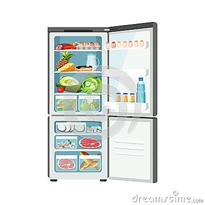 Open fridge with products isolated on white color banner Vector Illustration