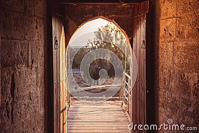 Open gate at medieval Kolossi castle. Limassol, Cyprus Stock Photo