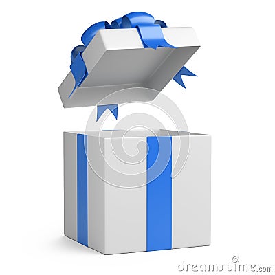 Open gift blue christmas box blank front view. Cartoon Illustration