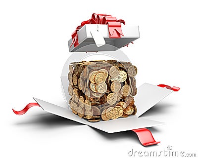 Open gift box with coins compiled in a form cube inside. Stock Photo