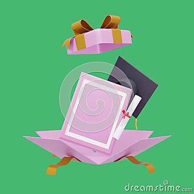 an open gift box containing photo frames and graduation caps, perfect for congratulation, on a green background Stock Photo