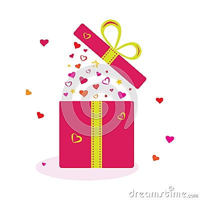 Open gift box with hearts and stars for Valentines day. Vector illustration Cartoon Illustration