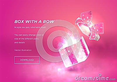 Open gift box. Low poly wireframe art on pink background. Concept for holiday or magic or miracle.Box in the fog. Polygonal Vector Illustration