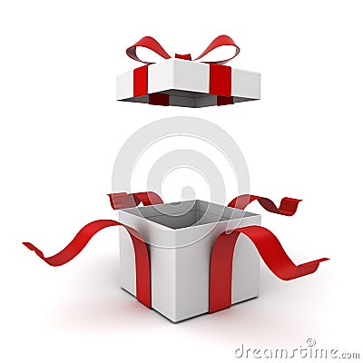 Open gift box present box with red ribbon bow isolated on white background Stock Photo