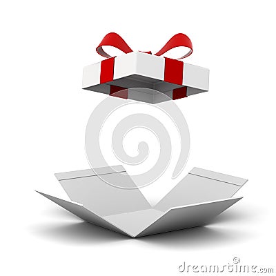 Open gift box , present box with red ribbon bow isolated on white background with shadow Stock Photo