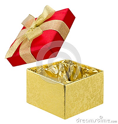 Open gift box of red and golden colors on white Stock Photo