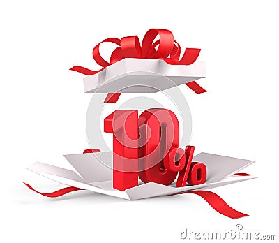 Open gift box with red 10 percent discount on white background - Discount sale concept Stock Photo