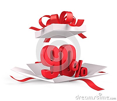 Open gift box with red 90 percent discount on white background - Discount sale concept Stock Photo