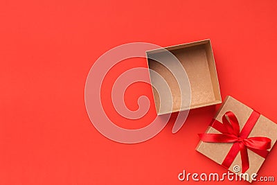 Open gift box with ribbon bow top view Stock Photo