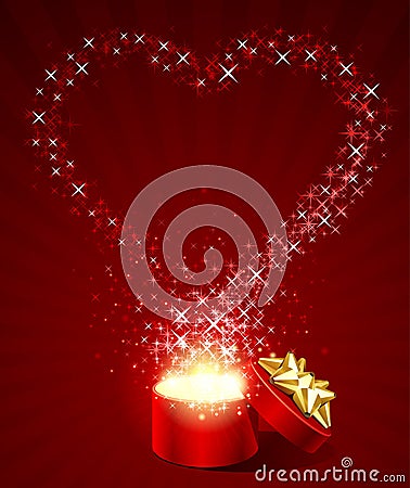 Open gift with fly stars heart shape Vector Illustration