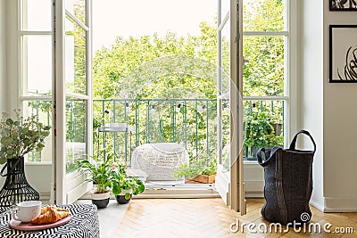 Open glass door from a living room interior into a city garden on a sunny balcony with green plants Stock Photo