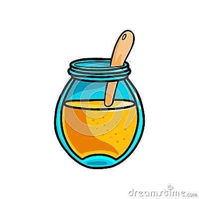 Open glass jar with wood spoon of fresh sweet honey Vector Illustration