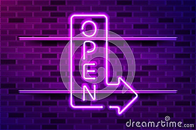 Open glowing purple neon arrow. Realistic vector illustration Vector Illustration