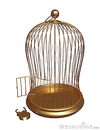 Open gold cage with the forced lock Stock Photo