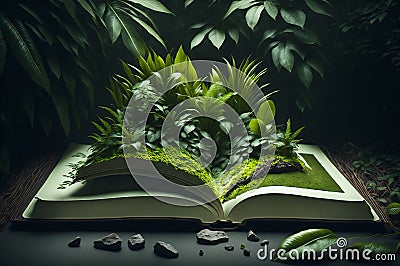 open green book has forest secrets, a book of the jungle Stock Photo