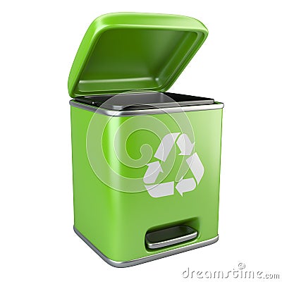 Open green ecological trash can with recycling sign Stock Photo