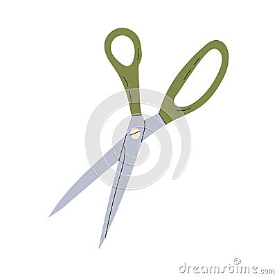 Open green stationery scissors. Vector Illustration