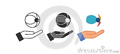 Open hand and bouncy ball icon. Hand and beach ball symbol. Sign offer play balloon vector Vector Illustration