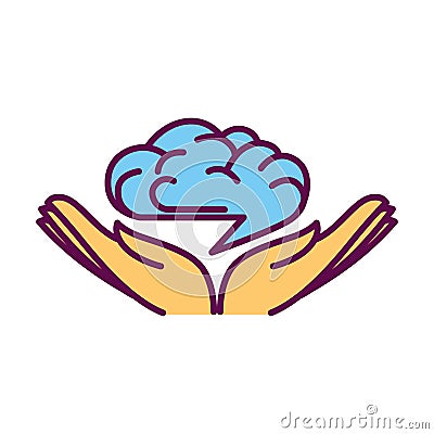 Open hand palms with human brain over them logo design Vector Illustration