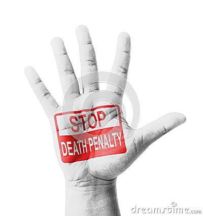 Open hand raised, Stop Death Penalty sign painted Stock Photo