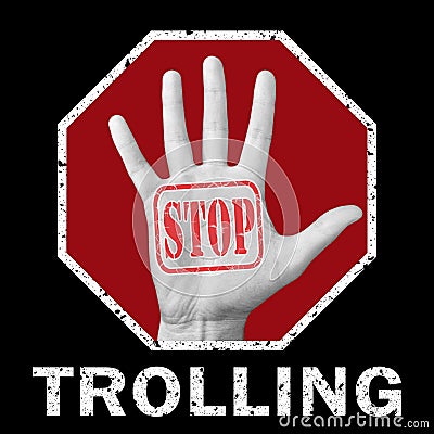 Open hand with the text stop trolling. Global social problem Cartoon Illustration