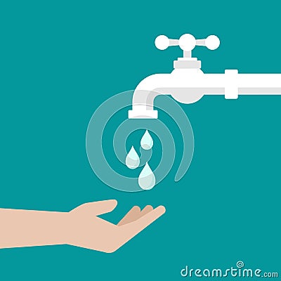 Open hand and water tap with classic old valve and water drops. Flat icon isolated on blue Vector Illustration