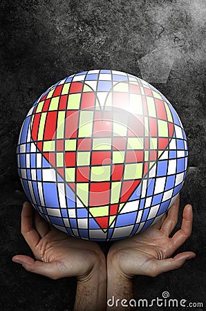 Open hands up receiving a world ball with inside an artistic heart. Grunge background. Stock Photo