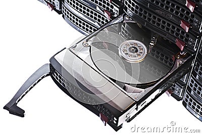 Open hard disk in hot swap frame Stock Photo
