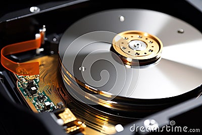 open hard drive revealing metallic disk inside Stock Photo