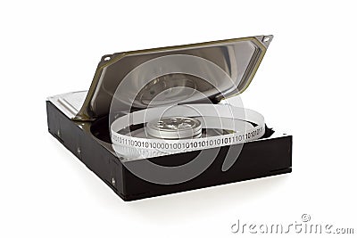 Open hard drive and tape with binary data Stock Photo