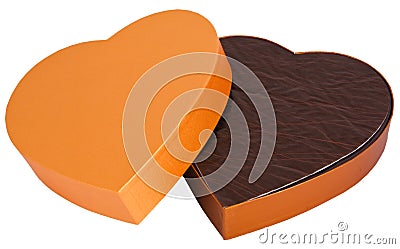 Open heart shaped golden chocolate box isolated Stock Photo