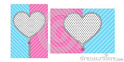 Open heart zipper with cute lock on bright blue pink background. Vector Illustration