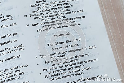 Open Holy Bible Book on psalm 23, a closeup Stock Photo