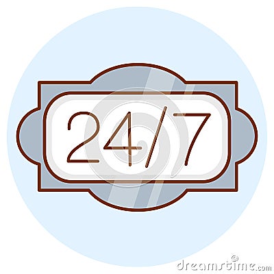 Open 24 hours a day, 7 days a week icon. Online around the clock sign. Colored flat line design Stock Photo