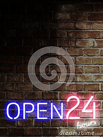 Open 24 hours in 7 days sign on rusty brick wall with copy space in vertical. Bar open light Neon Sign. Night store blue, red and Stock Photo