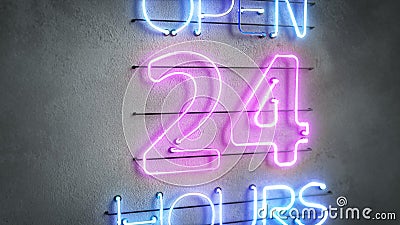 Open 24 hours neon light text 3D render illustration Cartoon Illustration