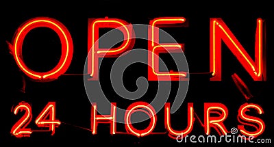 Open 24 Hours Neon Sign Stock Photo