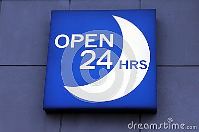 Open 24 hours sign Stock Photo