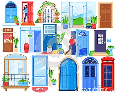 Open house doors, front architecture vector illustration set, cartoon flat indoor outdoor architectural collection of Vector Illustration