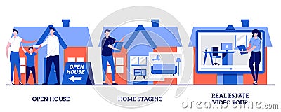 Open house, home staging, real estate video tour concept with tiny people. Home for sale vector illustration set. Floor plan, walk Cartoon Illustration