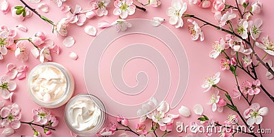 open jar of cream, pink spring flowers frame, face and body cosmetics, self-care, spa concept, beauty and cosmetology, Stock Photo