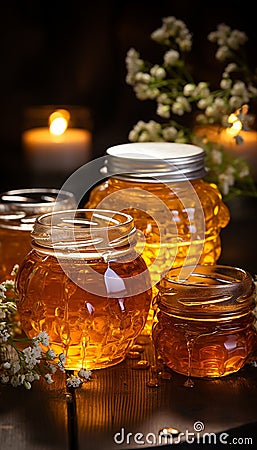 Open jars honey are on wooden table. Rustic still life in warm colors in cozy kitchen Stock Photo