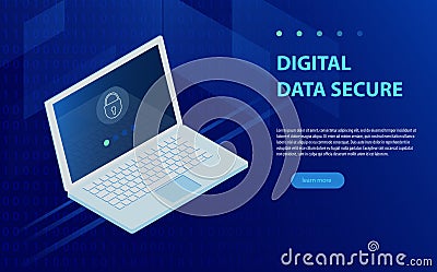 Open laptop with authorization form on screen, personal data protection and processing, information storage protocol isometric. Vector Illustration
