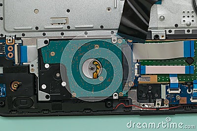 Open laptop case on a blue background. Stock Photo